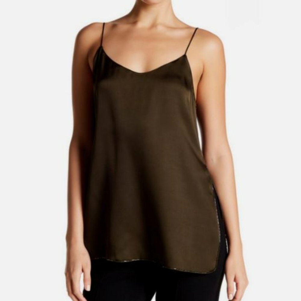 Theory Sleeveless Silk Tank - Vine Green with bead detailing (Size: Small)